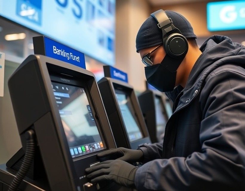 Specialist inspecting the card reader of an ATM